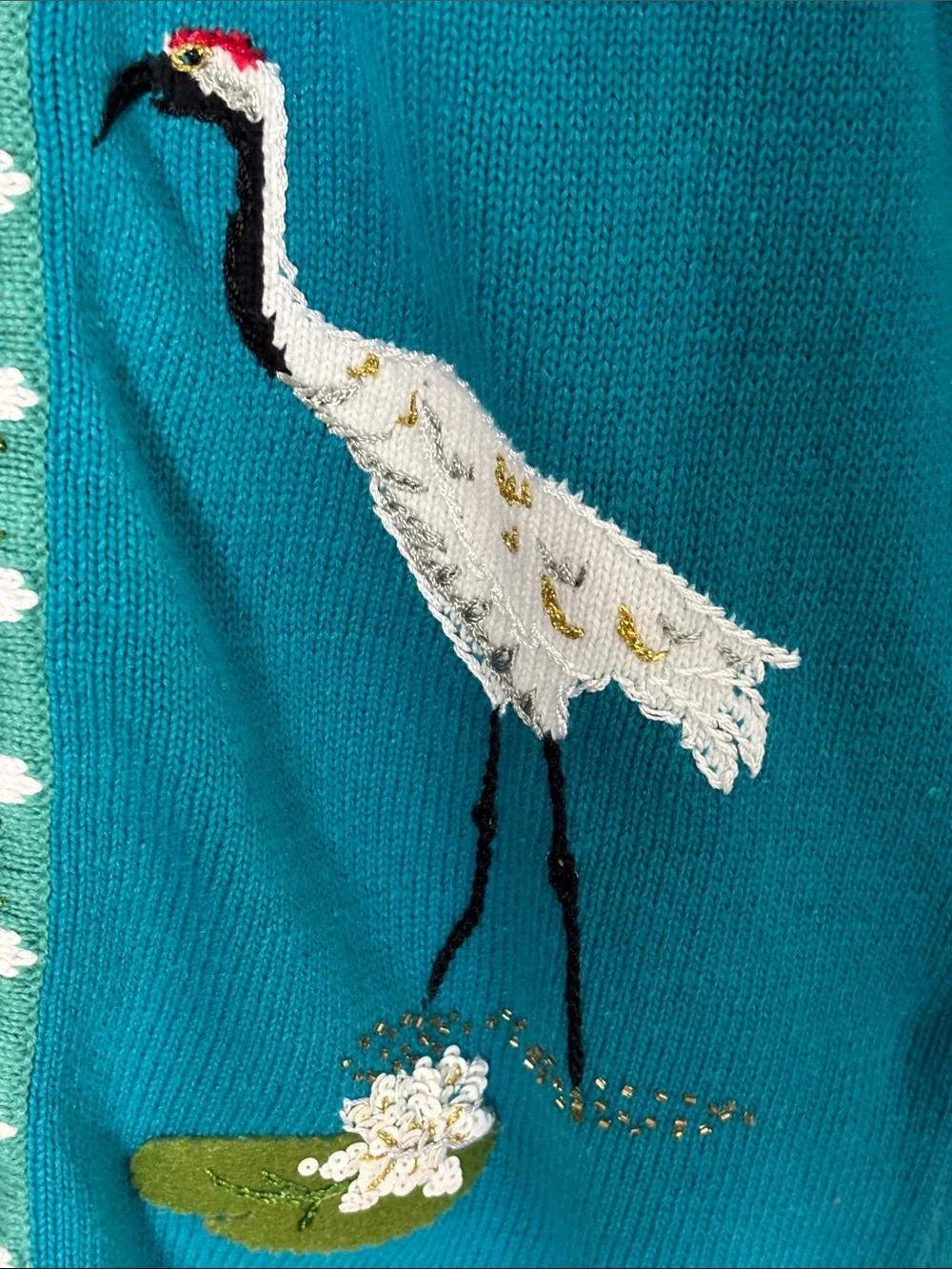 STORYBOOK Knit Teal Embroidered Crane V-Neck Cardigan with Floral Trim Size M